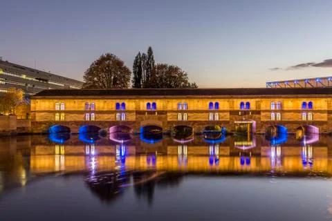 Evening view of the Barrage Vauban on the River Ill in the city of Strasbourg Stock Photos