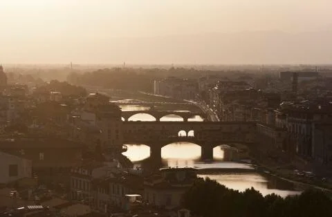 Evening view of the bridges in Florence Stock Photos