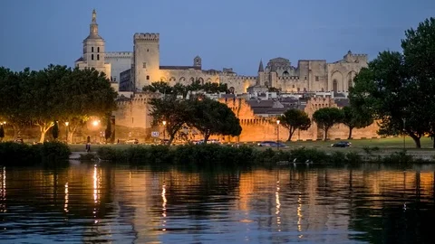 Evening view of the center of Avignon from the Rhone promenade Video stock 84742476