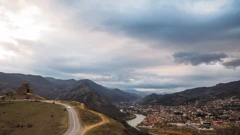 Evening View Of The City Of Mtskheta Georgia At Sunset Overlooking The Historic Stock Footage 105125617