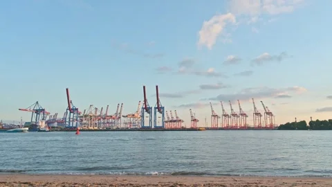 Evening View of a Container Terminal in Hamburg - Germany Video stock 318361650