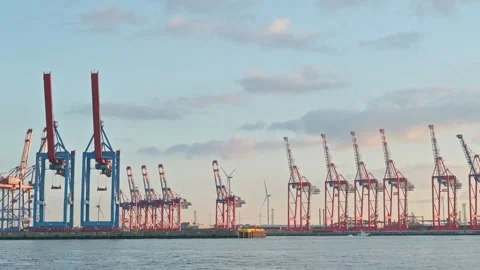 Evening View of a Container Terminal in Hamburg - Germany Stock Footage 318361762