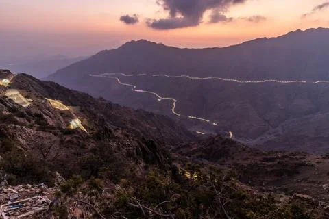 Evening view of a deep valley with King Fahd Road near Al Baha, Saudi Arabia Stock Photos