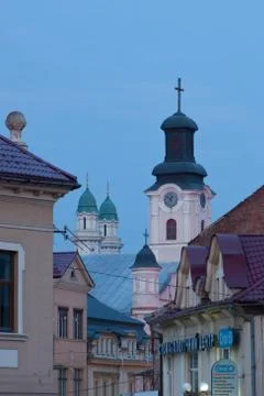 Evening view of the domes of the two churches in uzhhorod Stock Photos
