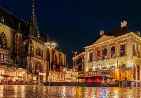 Evening view of the Dutch central square in the city of Zwolle Stock Photos