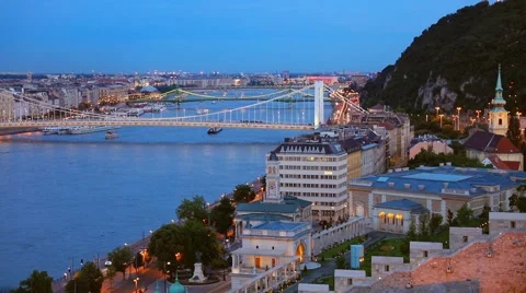 Evening view of Elisabeth Bridge and Inner City parish Church in Pest city. C Stock Footage 67095686