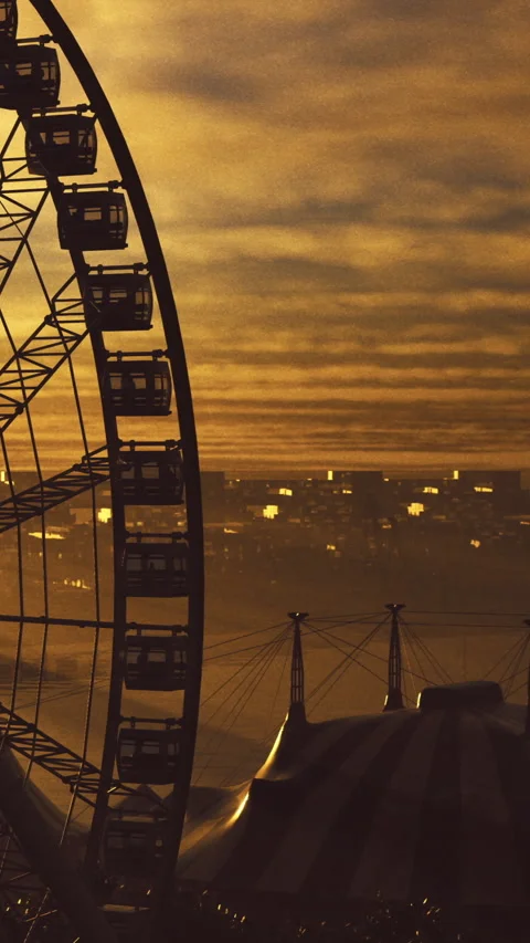 Evening view of a ferris wheel and circus tent at dusk Stock Footage 342451358