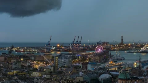 Evening view of Genoa port with thunderstorm and lighting, Italy Stock Footage 185981087