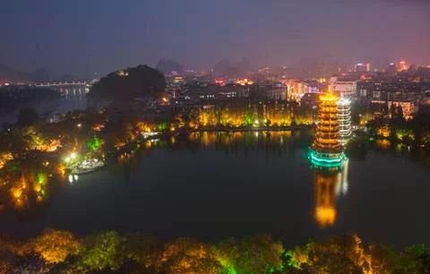 Evening view of the Gold and Silver Pagodas in Guilin China Stock Photos