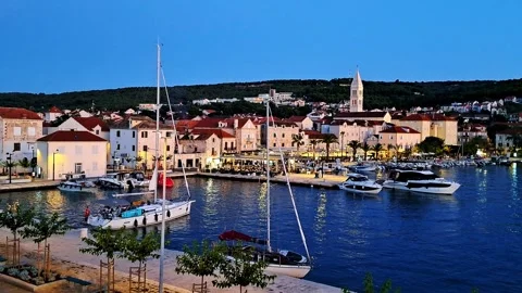 Evening view of the harbor with moored yachts 스톡 동영상 316678401