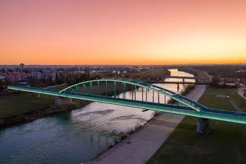 Evening view of The Hendrix Bridge in Zagreb, Croatia. The Bridge Illuminat.. Stock Photos