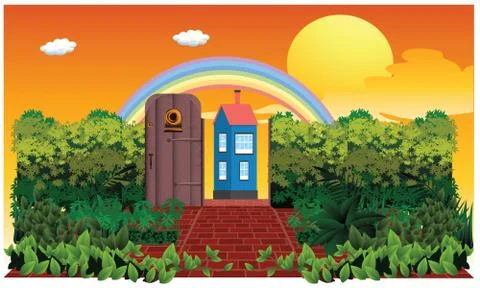 Evening view from a home with open door in a garden Stock Illustration