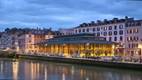 Evening View of the Illuminated Halles de Bayonne Market Hall — Steel &amp; Glass St Video stock 319826630