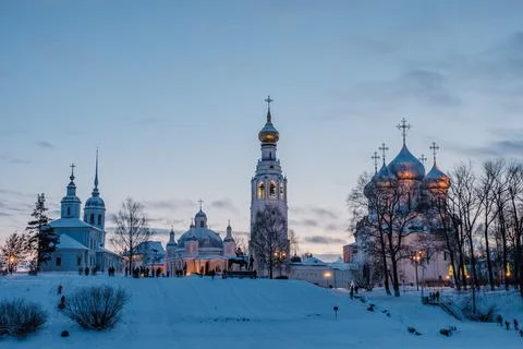 Evening view of the Kremlin from the other side of the Vologda River Stock Photos