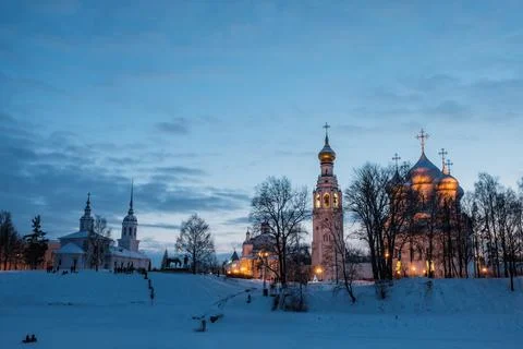 Evening view of the Kremlin from the other side of the Vologda River Stock Photos