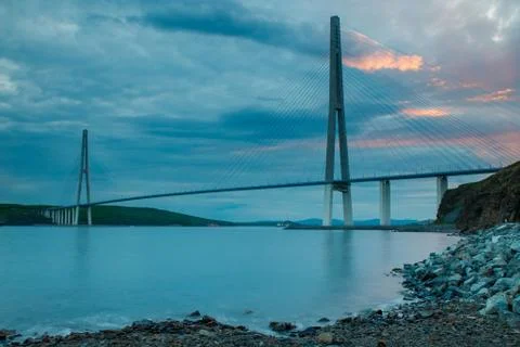 Evening view of long cable-stayed bridge in Vladivostok, Russia Stock Photos