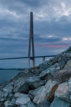 Evening view of long cable-stayed bridge in Vladivostok, Russia Stock Photos