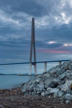 Evening view of long cable-stayed bridge in Vladivostok, Russia Stock Photos