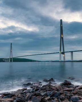 Evening view of long cable-stayed bridge in Vladivostok, Russia Stock Photos