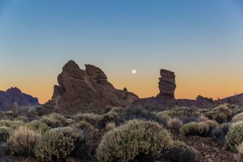 Evening view of Los Roques de Garcia in the Teide national park Stock Photos