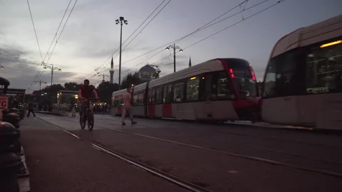 Evening view of a low-floor tram in Istanbul, Turkey Stock Footage 169129995