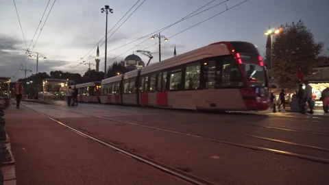 Evening view of a low-floor tram in Istanbul, Turkey Stock Footage 187946817
