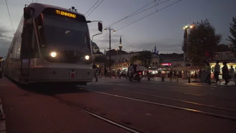 Evening view of a low-floor tram in Istanbul, Turkey Stock Footage 194992060
