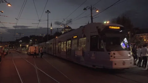 Evening view of a low-floor tram in Istanbul, Turkey Stock Footage 197281576