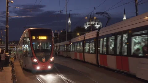 Evening view of low-floor trams in Istanbul, Turkey Stock Footage 187949054
