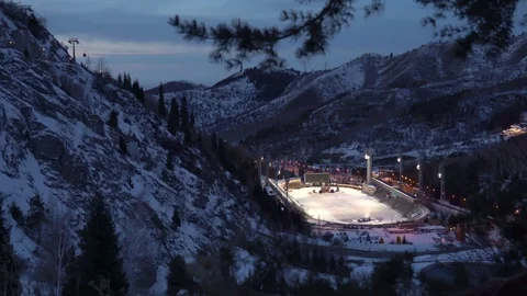 Evening view of Medeu. High altitude sport complex near Almaty city. Stock Footage 100589440