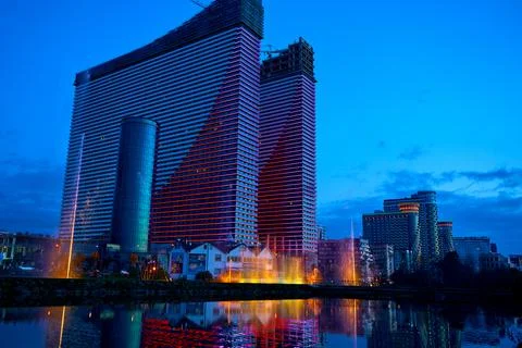 Evening view of the modern hotel complex Orbi City in the city of Batumi Stock Photos