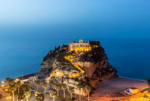 Evening view of Monastery of Santa Maria dell'Isola in the town of Tropea Stock Photos