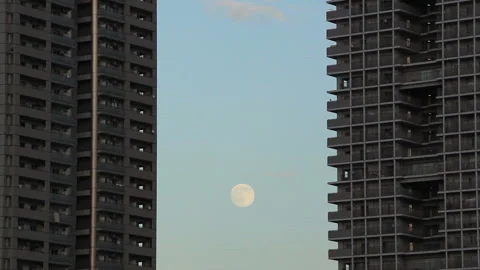 Evening View of the Moon Rising Between the Apartments Stock Footage 324929651