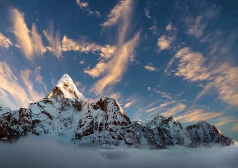 Evening view of mount Ama Dablam with beautiful clouds Stock Photos