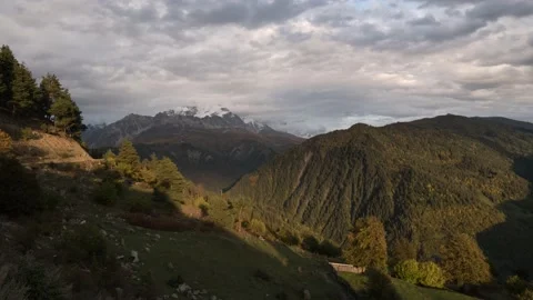 Evening view of the mountain peaks in the snow. Svaneti, Georgia. Stock Footage 131402782