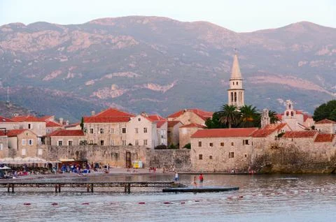 Evening view of the Old Town, Budva, Montenegro Stock-Fotos