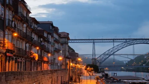 Evening view at Ponte de Dom Luis on Douro river. Porto old town Stock Footage 129606062