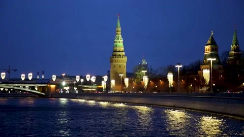 Evening, view from the river to the Moscow Kremlin Stock Footage 131362922
