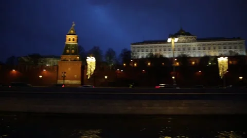 Evening, view from the river to the Moscow Kremlin Stock Footage 131362933