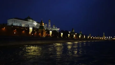 Evening, view from the river to the Moscow Kremlin Stock Footage 131362937