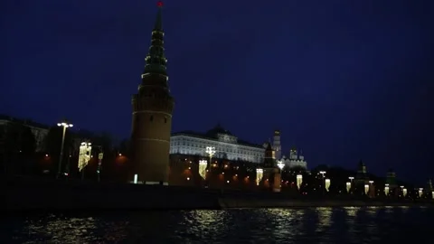 Evening, view from the river to the Moscow Kremlin Stock Footage 131362938