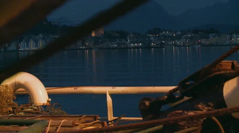 Evening view of the shore with floating vessel Stock Footage 63126874