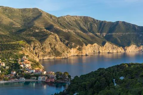 Evening view of small and charming Assos village on Kefalonia island Stock Photos