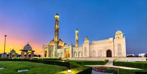 Evening view of the Sultan Taimur bin Faisal Mosque in Seeb, Oman Stock Photos