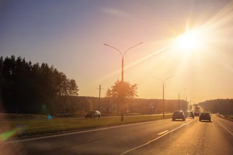 Evening view at sunset. Highway road in the countryside Foto stock
