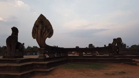 Evening view of the temple of Angkor Wat, across the moat Stock Footage 105880247
