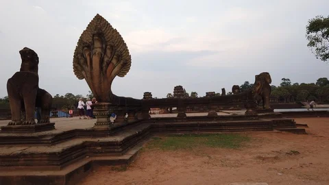 Evening view of the temple of Angkor Wat, across the moat Stock Footage 105880372