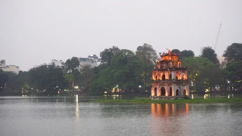 Evening view of the Turtle Tower in Hanoi, Vietnam Stock Footage 108198514