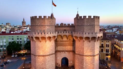 Evening view of Valencia Torres de Serranos, sunset aerial view of Valencia old Stock Footage 280698132