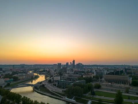 An evening view of Vilnius featuring its towering skyscrapers and modern downtow Stock-Fotos